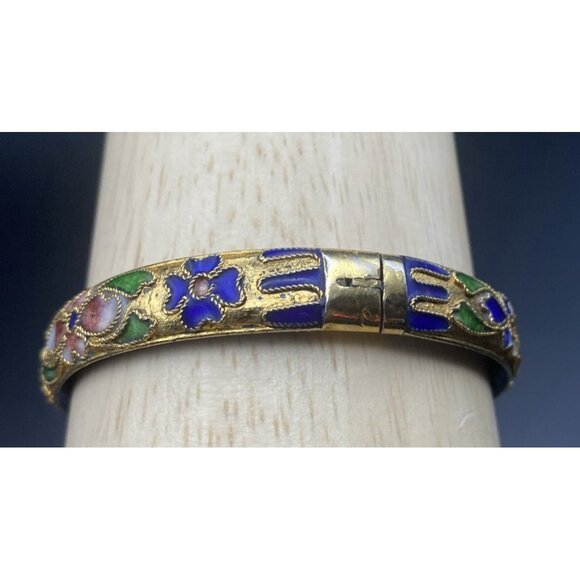 Vintage Cloisonné Bangle Bracelet Blue Gold Floral Motif Enamel Hinged 7"x1/3"w - Picture 7 of 15